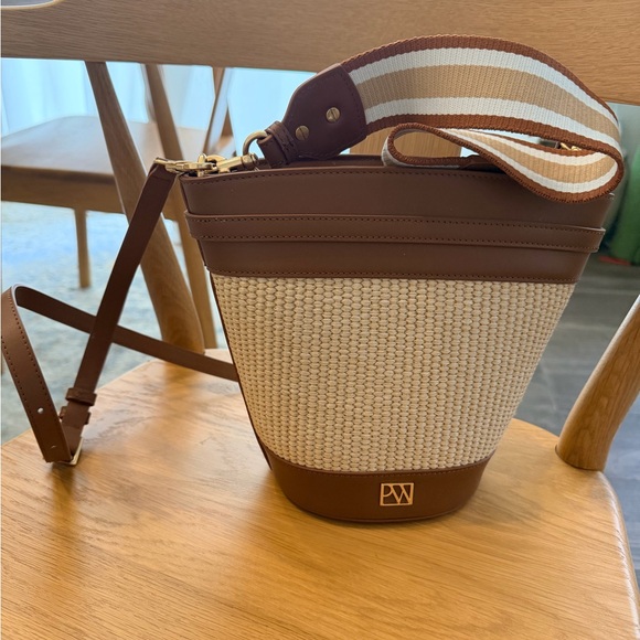 Parisa Wang Woven/Straw Bucket Bag w/ 2 Straps - Brown Leather (Excellent) - Picture 2 of 3